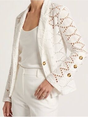 Anthropologie ett:twa White Eyelet Flounced Blazer Jacket Small Boho Romantic